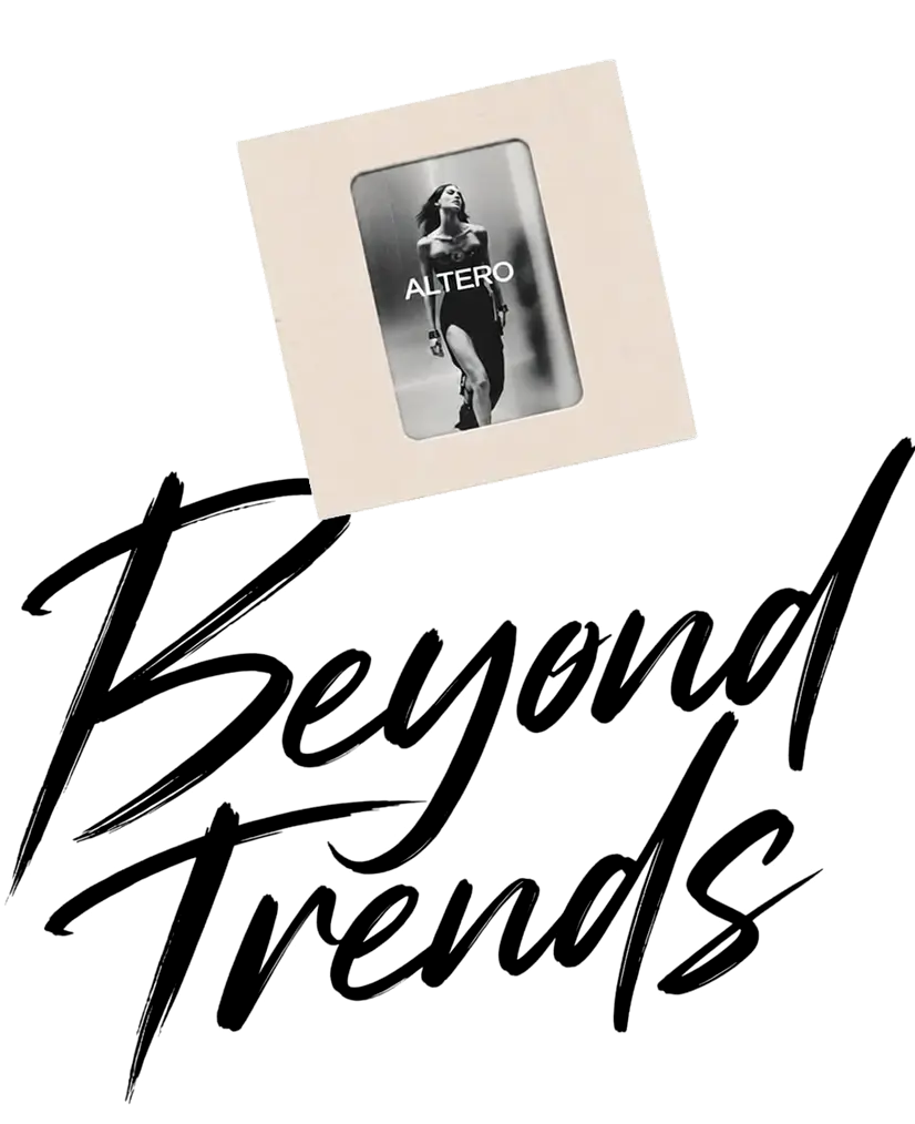 “Beyond Trends” lettering and a photo of a model on the runway